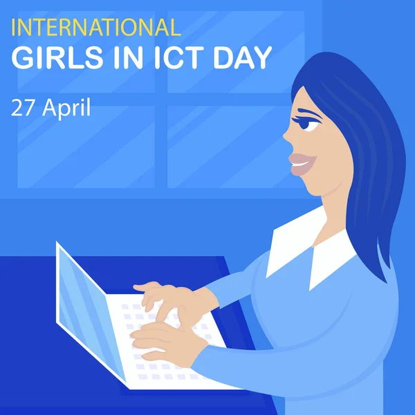 Illustration Vector Graphic Woman Working Laptop Window Perfect International Day — Vetor de Stock