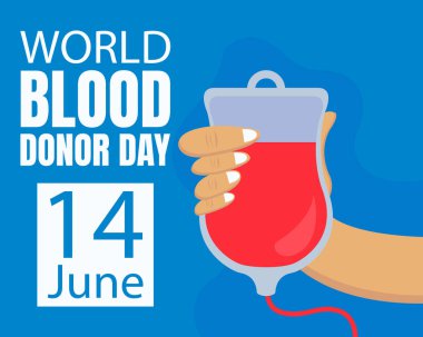 Elde kan torbası tutmanın illüstrasyon çizelgesi, uluslararası gün, dünya kan günü için mükemmel, kutlama, tebrik kartı, vs..