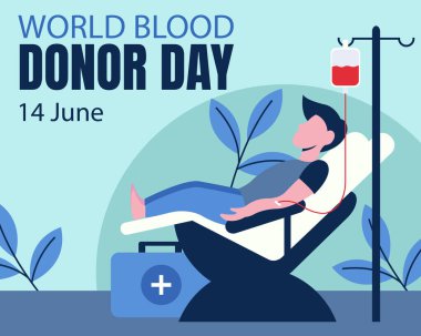 Bir adamın grafiksel çizelgesi uzanıyor ve kanını bağışlıyor, uluslararası gün için mükemmel, dünya kan bağışı günü, kutlama, tebrik kartı, vs..