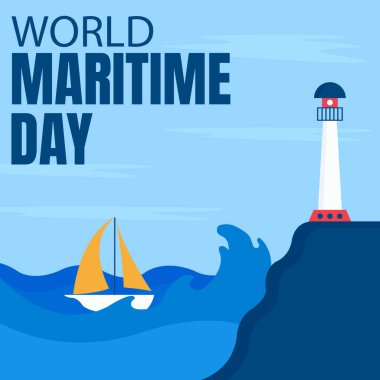 Dalgalarla çarpışan küçük geminin çizim vektörü, bir deniz feneri kulesi gösteriyor, uluslararası gün için mükemmel, dünya deniz günü, kutlama, tebrik kartı, vs..