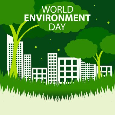 Yoğun yeşil bir ormanın arkasındaki gökdelenlerin illüstrasyon vektör grafiği, uluslararası gün, dünya çevre günü için mükemmel, kutlama, tebrik kartı, vs..