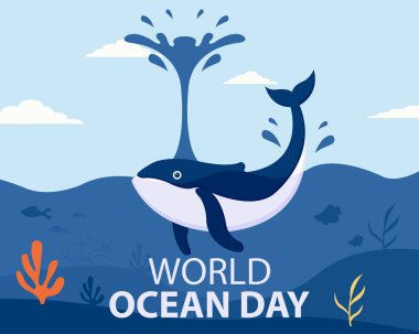 Deniz yüzeyine su fışkırtan balinaların illüstrasyon vektör grafiği, uluslararası gün, dünya okyanus günü için mükemmel, kutlama, tebrik kartı, vs..