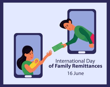 illustration vector graphic of a husband sends money to his wife and child using a mobile smartphone, perfect for international day, international day of family remittances, celebrate. clipart