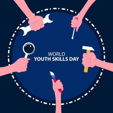 Çeşitli ellerin illüstrasyon vektörü grafiği kullanıcının yeteneğine göre farklı araçlar tutar, uluslararası gün için mükemmel, dünya gençlik becerileri günü, kutlama, tebrik kartı, vb..