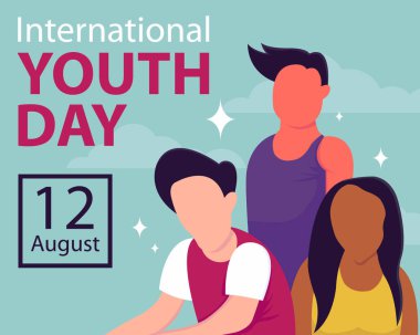 Bir araya gelen gençlerin illüstrasyon vektör grafiği, uluslararası gençlik günü için mükemmel, kutlama, tebrik kartı, vs..