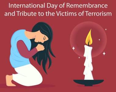 Bir kadının illüstrasyon vektör grafiği bir mum önünde dua etmektir, uluslararası gün için mükemmeldir, anma ve anma, terörizm kurbanları, kutlama, tebrik kartı, vs..