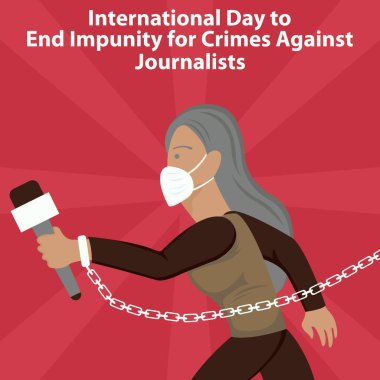 Kadın bir gazetecinin elleri zincirlerle bağlanmış, uluslararası gün için mükemmel, dokunulmazlığa son veren, gazetecilere karşı işlenen suçlar, kutlama, tebrik kartı vb..