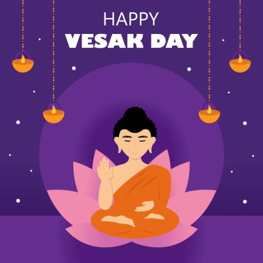Buddha 'nın illüstrasyon vektör grafiği bir nilüfer çiçeğinin üzerinde oturuyor, feneri gösteriyor, uluslararası gün için mükemmel, vesak günü, kutlama kartı, vs..