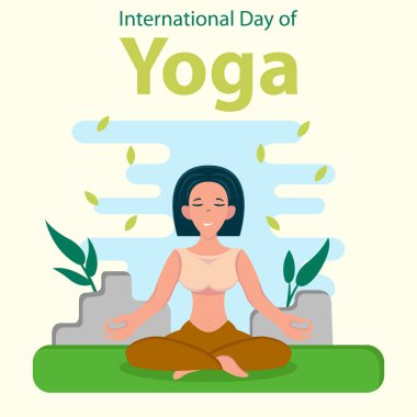 Sabah bahçede meditasyon yapan bir kadının illüstrasyon vektör grafiği, uluslararası gün için mükemmel, uluslararası mülteci günü, kutlama, tebrik kartı, vs..