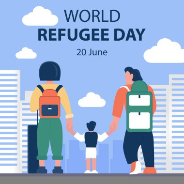 Büyük bir şehrin sokaklarında aile resimlerinin çizimi, gökdelenler, uluslararası gün için mükemmel, dünya mülteci günü, kutlama, tebrik kartı, vs..