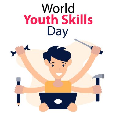 Bir çocuğun illüstrasyon vektör grafiği dizüstü bilgisayar kullanıyor ve diğer ekipmanları tutuyor, uluslararası gün için mükemmel, dünya gençlik becerileri günü, kutlama, tebrik kartı, vs..