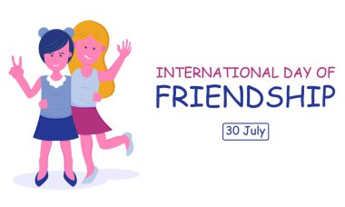 Uluslararası gün için mükemmel, uluslararası arkadaşlık günü, kutlama, tebrik kartı vesaire, birbirine sarılan iki bayan arkadaşın resimli vektör grafiği..