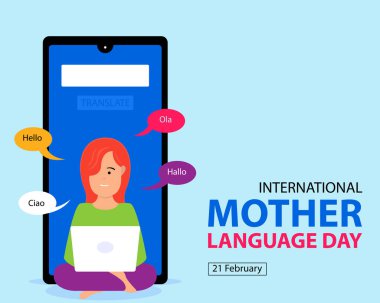 illustration vector graphic of a woman uses a laptop, displays a smartphone and speech bubbles, perfect for international day, mother language day, celebrate, greeting card, etc. clipart