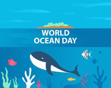 Adaları, okyanusları ve deniz yaşamını gösteren illüstrasyon vektörü, uluslararası gün, dünya okyanus günü, kutlama, tebrik kartı vs..