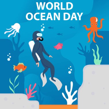 Bir dalgıcın illüstrasyon vektör grafiği denizin dibinde deniz yaşamı ile birlikte, uluslararası gün, dünya okyanus günü, kutlama, tebrik kartı vs. için mükemmeldir..