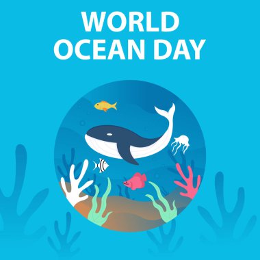 Mavi balinaların ve diğer deniz canlılarının illüstrasyon vektör grafiği. Uluslararası gün, dünya okyanus günü için mükemmel. Kutlama, tebrik kartı vesaire.