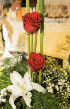 İki kırmızı gül ve beyaz zambak..