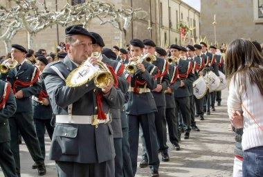 Band of bugles and drums City of Zamora in the Holy Week procession La borriquita, on Palm Sunday in Zamora, Spain.