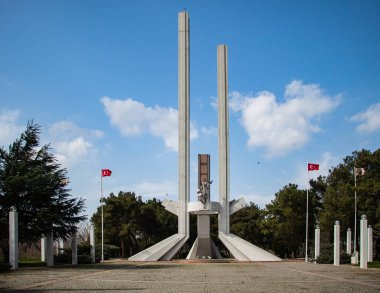 Edirne, Turkey, February 2023: The historical Lausanne Monument, the statue of a woman symbolising peace and democracy and a dove in her hand
