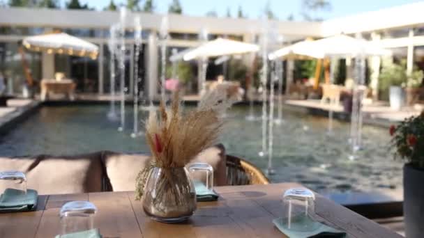 夏の噴水の近くのカフェレストランのテーブル — ストック動画