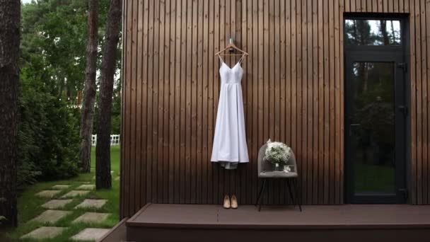 Bride White Wedding Dress Hangs Wall Vision — Video Stock