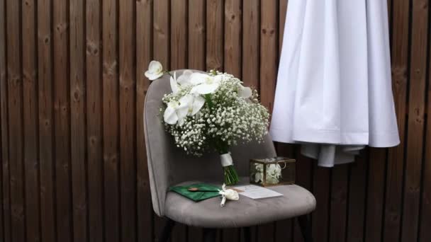 Bride Bouquet Decorations Chair Morning Wedding — Vídeos de Stock