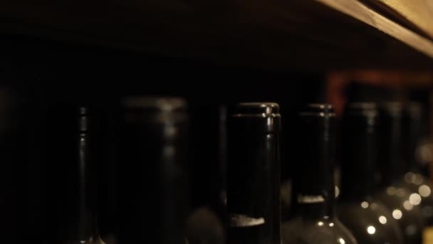 Şarap Mahzenindeki Şarap Şişeleri Şişe Koleksiyonu — Stok video