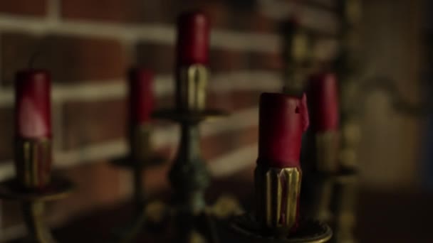 Vintage Metal Candlesticks Candles Room — Vídeo de stock