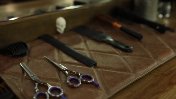 Scissors Comb Workplace Hairdresser Hair Salon — Wideo stockowe
