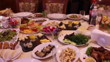  food and drinks on the wedding celebration table in the restaurant