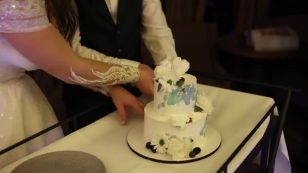 Menyasszony Vőlegény Felvágták Esküvői Tortát — Stock videók