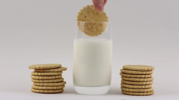 Delicious Homemade Cookies Dipped Glass Fresh White Milk — Stock Video