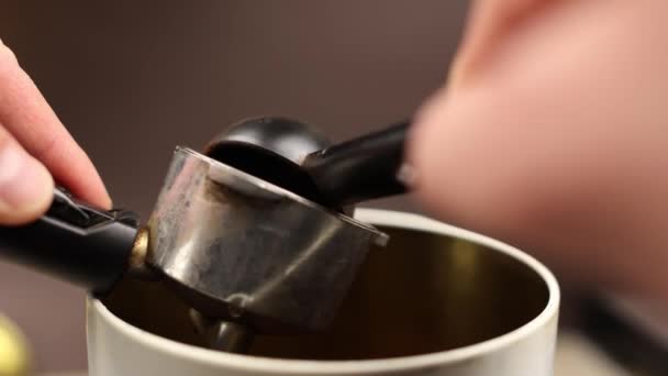Freshly Ground Black Coffee Scooped Horn Coffee Maker Spoon — Stock Video