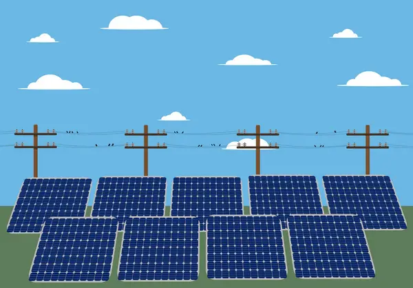 太阳能电池板发电厂为太阳能站在田间的绿色可再生能源 — 图库矢量图片