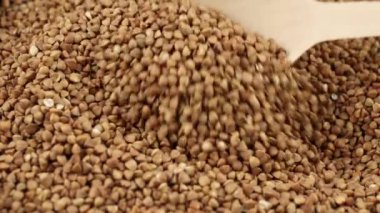 Karabuğday, ahşap bir kaşıkta yetişir ve yemek pişirmek için arka plandaki yemek videolarını döker.