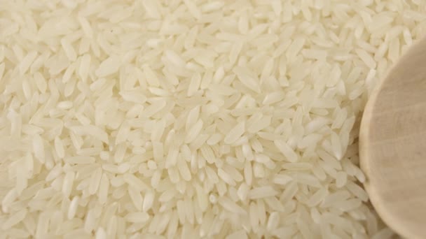 Grains Riz Blanc Sont Recueillis Dans Une Cuillère Bois Fond — Video