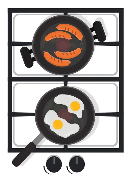 在家里的煤气炉早餐上有香肠的炒鸡蛋 — 图库矢量图片