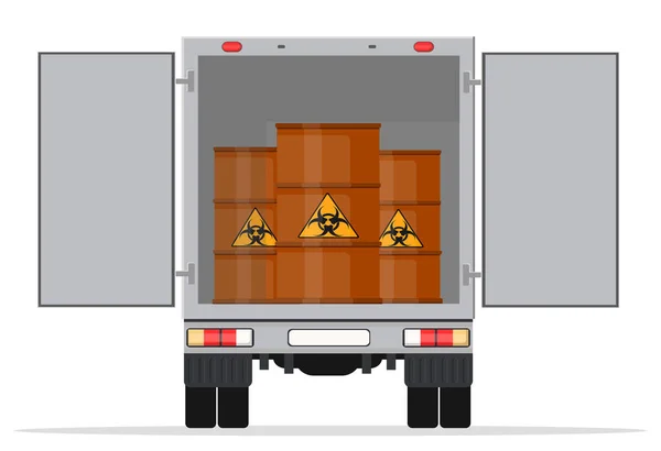Вантажівка Перевозить Небезпечні Хімічні Речовини Бочках Маркуванням Радіоактивних — стоковий вектор