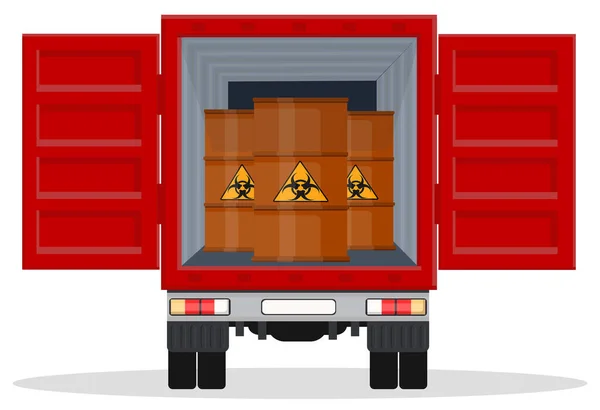 Vrachtwagen Vervoert Gevaarlijke Chemische Stoffen Vaten Met Radioactief Gelabeld — Stockvector