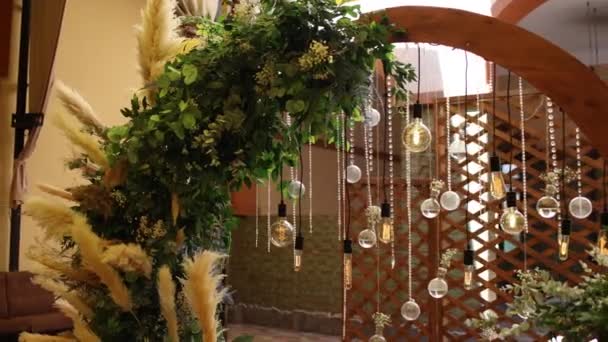 Wedding Arch Decoration Ceremony Light Bulbs Close — Stock Video