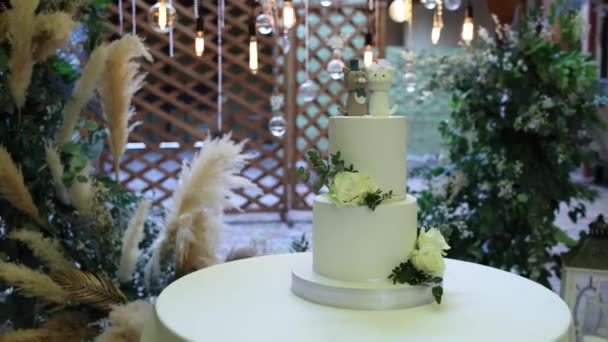 晚上在婚礼拱门附近漂亮的结婚蛋糕 — 图库视频影像