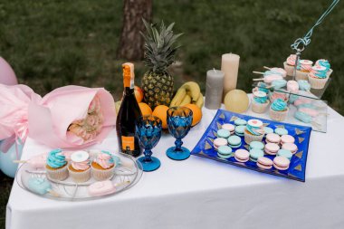 Tatlı ve balonlu zarif bir bebek duş masası.