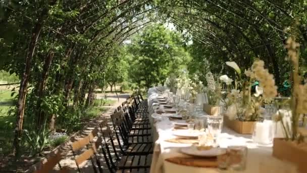 Όμορφο Γαμήλιο Τραπέζι Για Ένα Υπαίθριο Συμπόσιο Στο Πάρκο — Αρχείο Βίντεο
