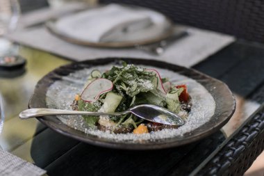 Bir gurme yeşil salata, taze ve besleyici, turp ve salatalık dilimli.