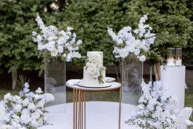 Düğün pastası akşam töreni için kemerin yanında.