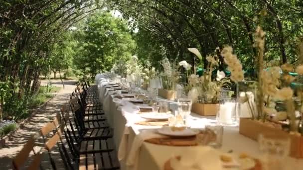 Schöne Hochzeitstafel Mit Speisen Und Getränken Für Ein Bankett Freien — Stockvideo