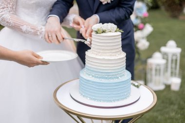 Gelin ve damat düğün pastasını birlikte kestiler.