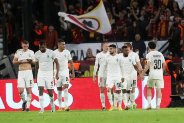 Roma, İtalya 03.11.2022: Ludogorestli Rick Jhonatan 0-1 gol attı ve Avrupa Uefa Ligi 2022-2023 C Grubu 6. gününde Roma 'daki Olimpiyat Stadyumu' nda AS Roman Ludogorets 'e karşı oynanan futbol karşılaşmasını kutluyor..