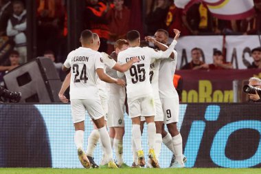 Roma, İtalya 03.11.2022: Ludogorestli Rick Jhonatan 0-1 gol attı ve Avrupa Uefa Ligi 2022-2023 C Grubu 6. gününde Roma 'daki Olimpiyat Stadyumu' nda AS Roman Ludogorets 'e karşı oynanan futbol karşılaşmasını kutluyor..