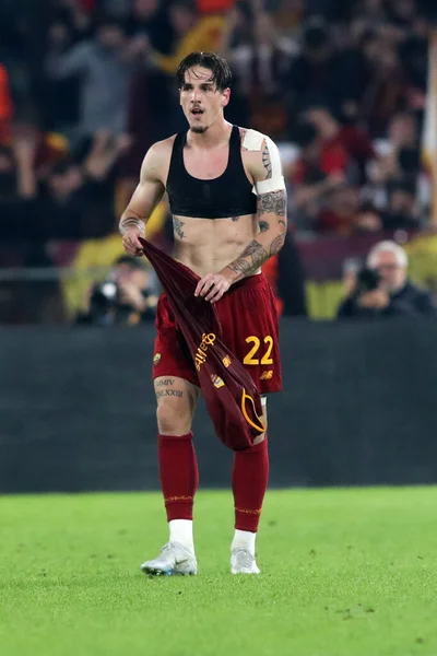 Roma Italia 2022 Nicolo Zaniolo Della Roma Segna Gol Festeggia — Foto Stock